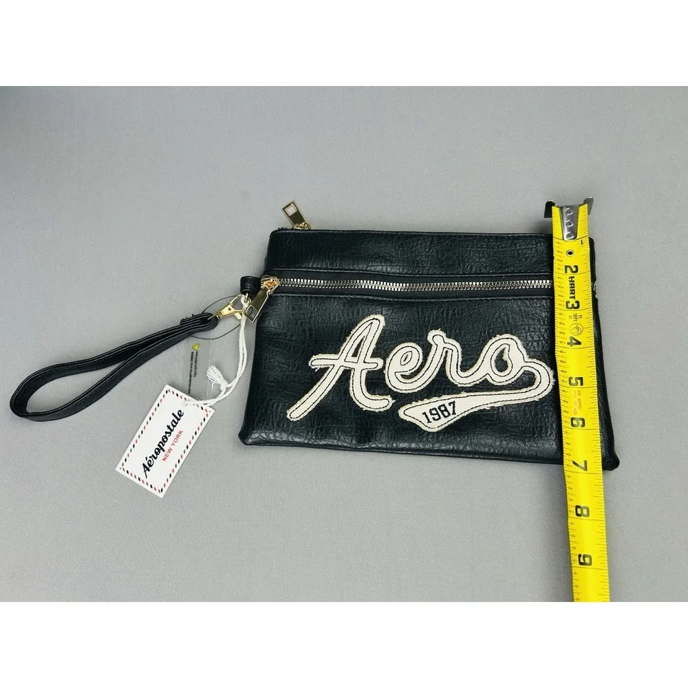 Aeropostale Black Faux Leather Zipper Pouch Cosmetic Clutch‎ Aero Bag NWT